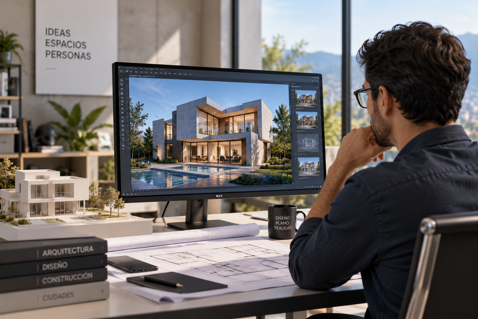 Arquitecto revisando un render 3D