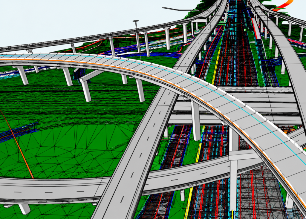 Distribuidor vial con viaducto curvo modelado en malla CAD