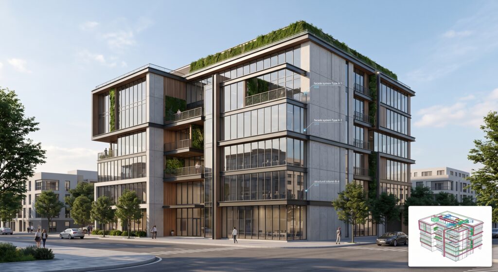 Render de un edificio de oficinas con fachada vegetal junto a su modelo BIM