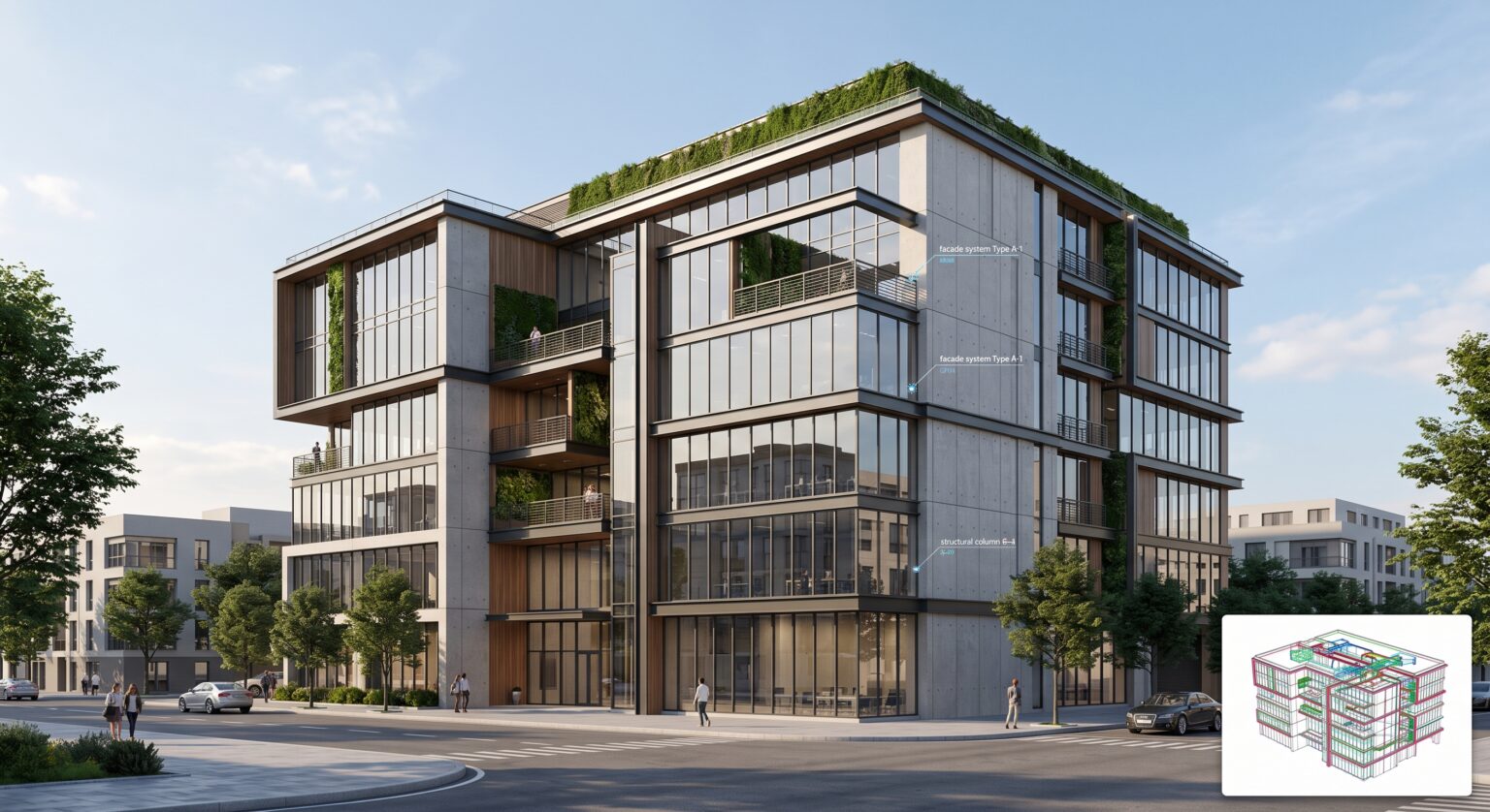 Render de un edificio de oficinas con fachada vegetal junto a su modelo BIM