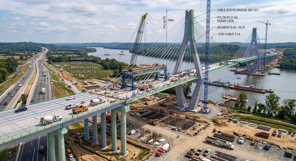 Puente atirantado en construcción sobre una vía de doble calzada