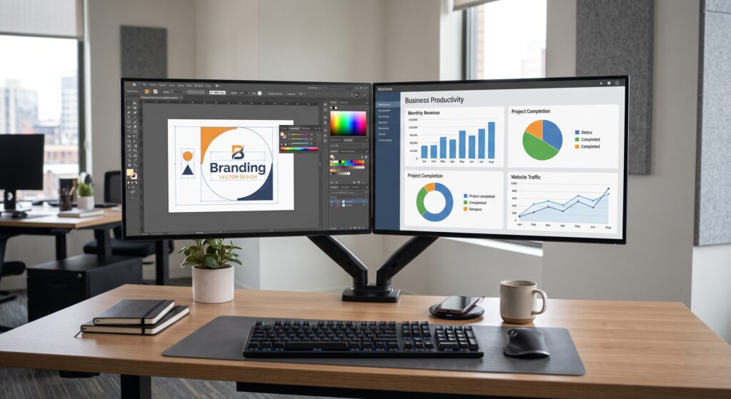 Escritorio de trabajo con tableros de productividad
