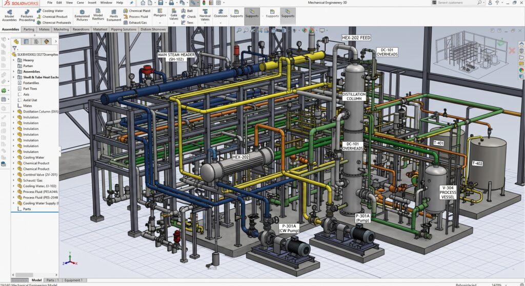 Modelo de una planta industrial con tubería, equipos y soportes
