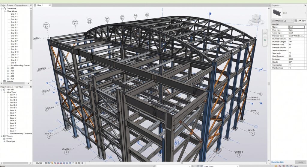 Modelo de una estructura metálica de varios niveles en el software de cálculo
