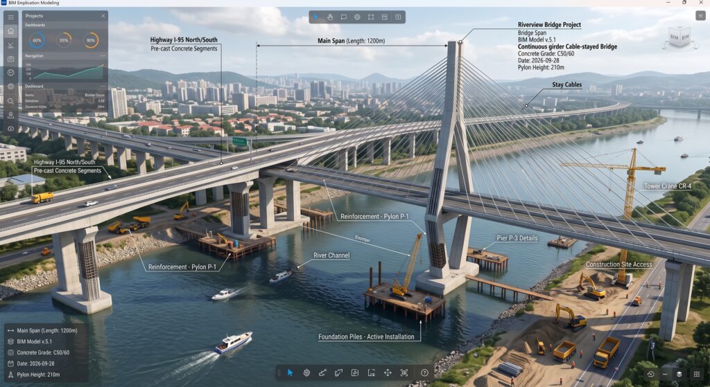 Puente atirantado modelado para infraestructura vial
